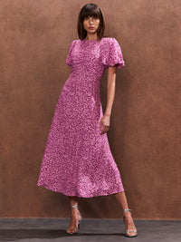 Pink Spot Print Puff Sleeve Midi Dress