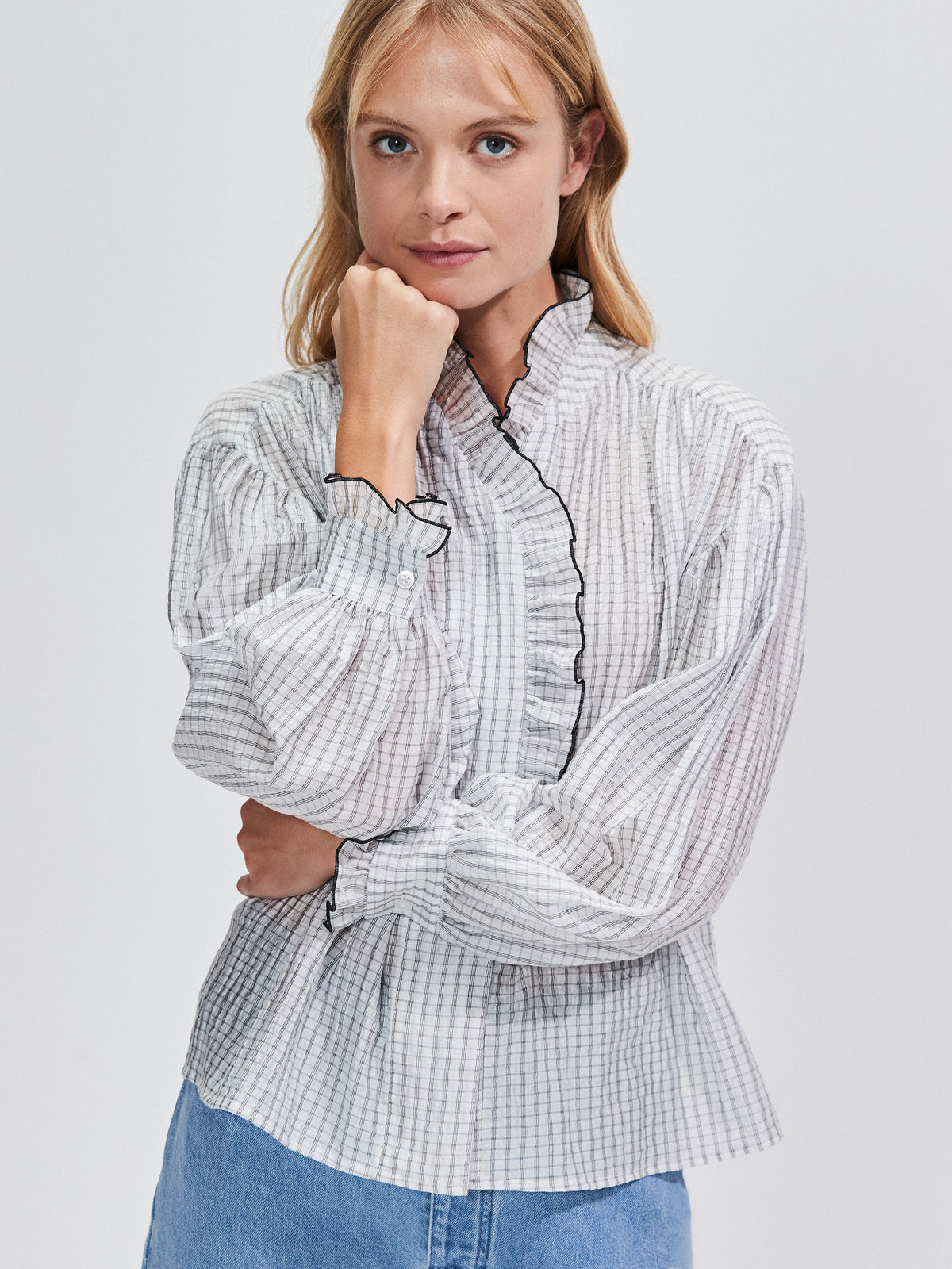 Mono Check Frill-Detail Blouse