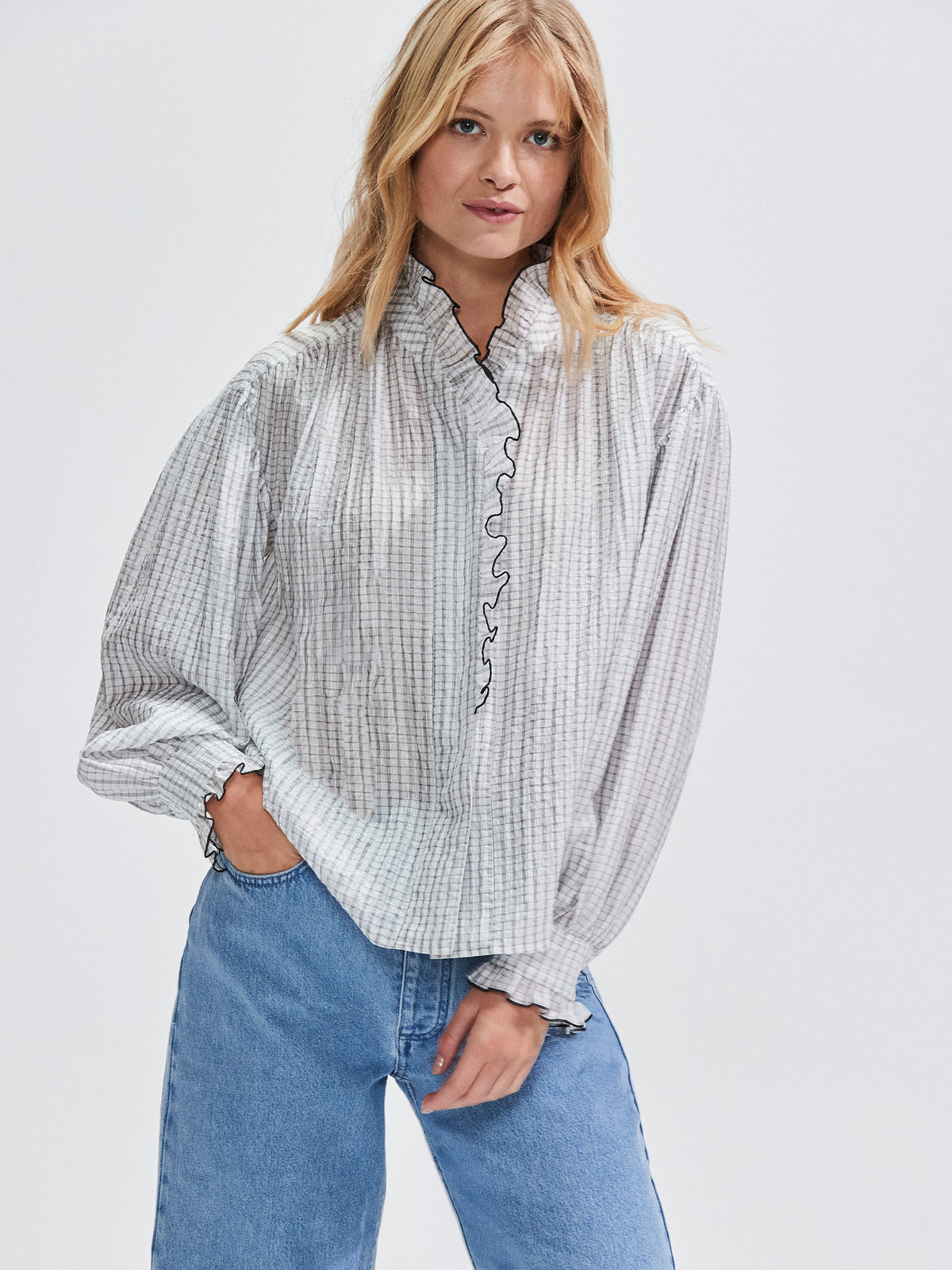 Mono Check Frill-Detail Blouse