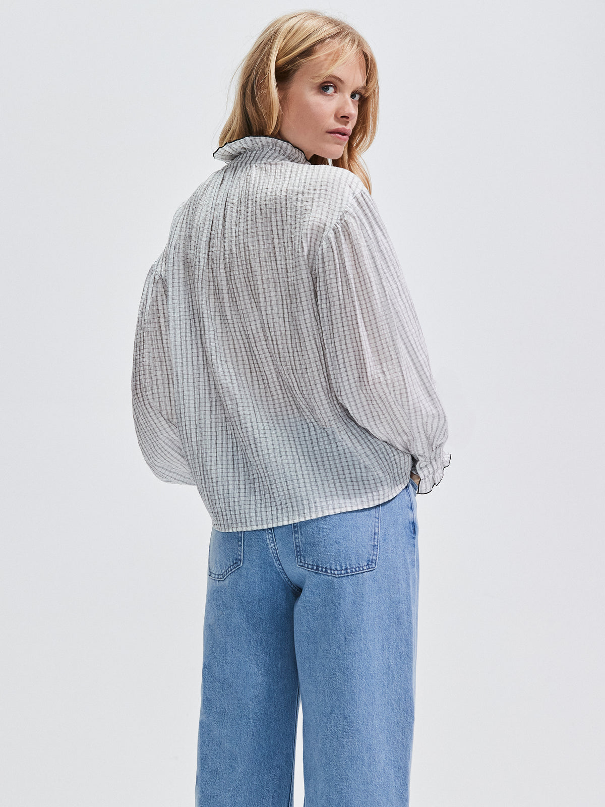 Mono Check Frill-Detail Blouse