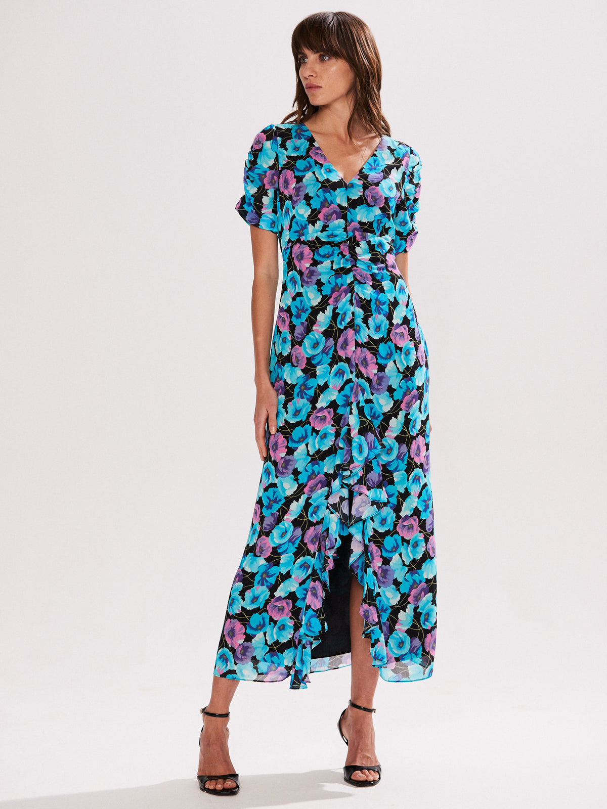 Petite Mia Blue Floral Frill Front Midi Dress