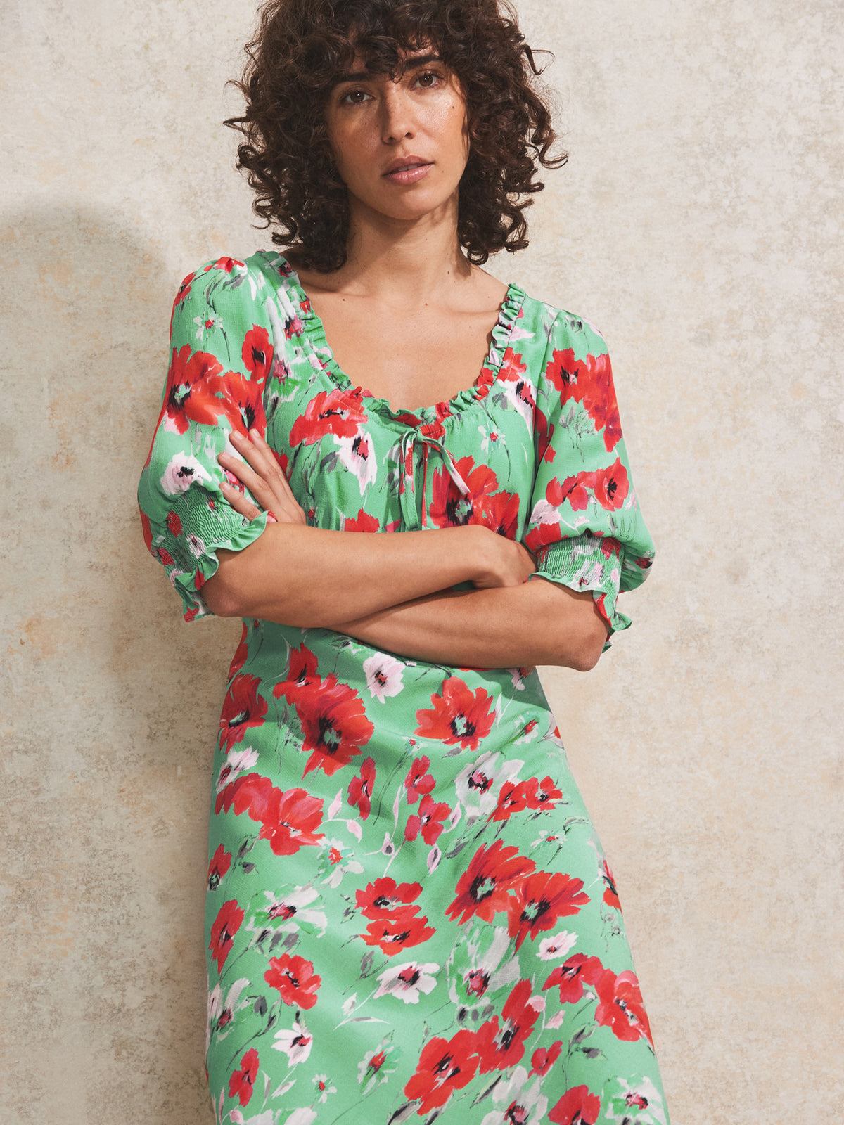 Red And Green Poppy-Print Tie-Detail Dress