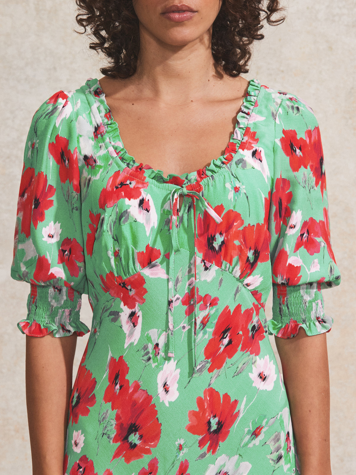 Red And Green Poppy-Print Tie-Detail Dress