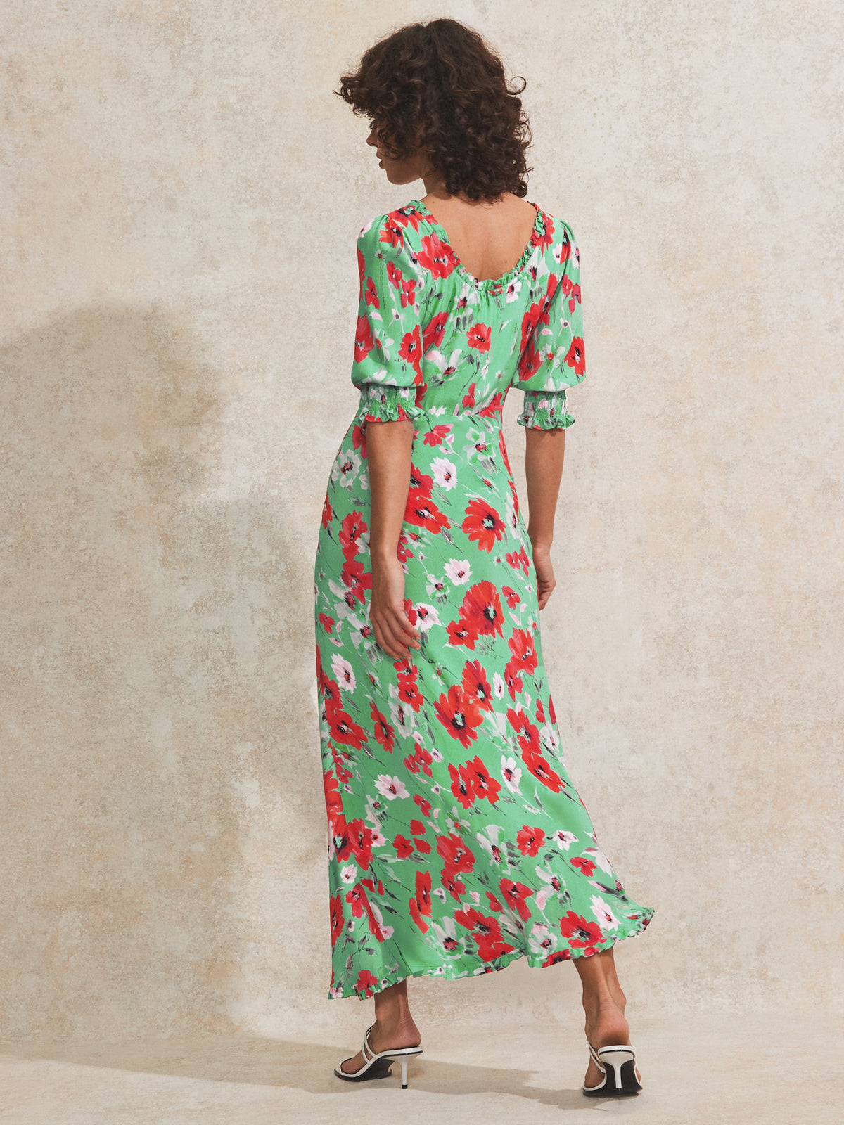 Red And Green Poppy-Print Tie-Detail Dress