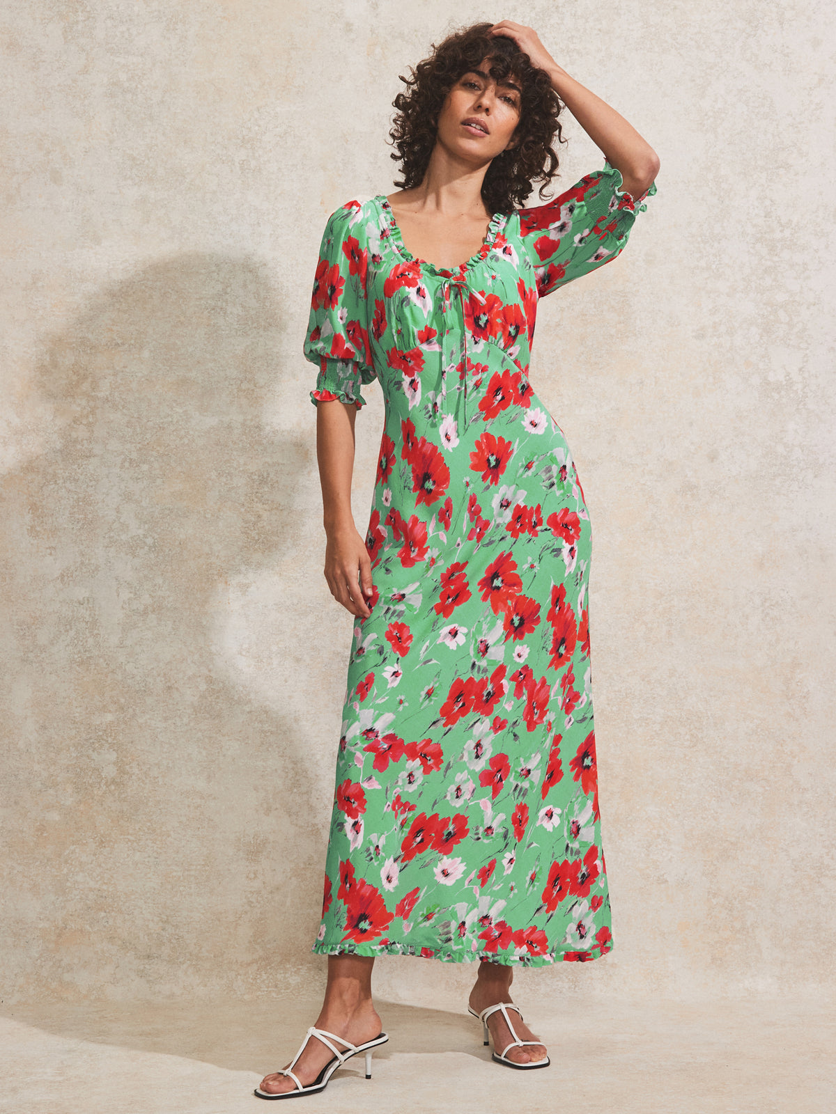 Red And Green Poppy-Print Tie-Detail Dress