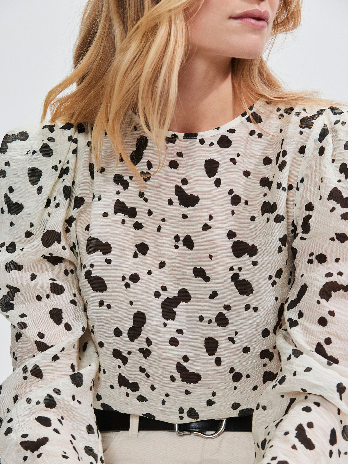 Mono Dalmatian Print Puff Sleeve Blouse