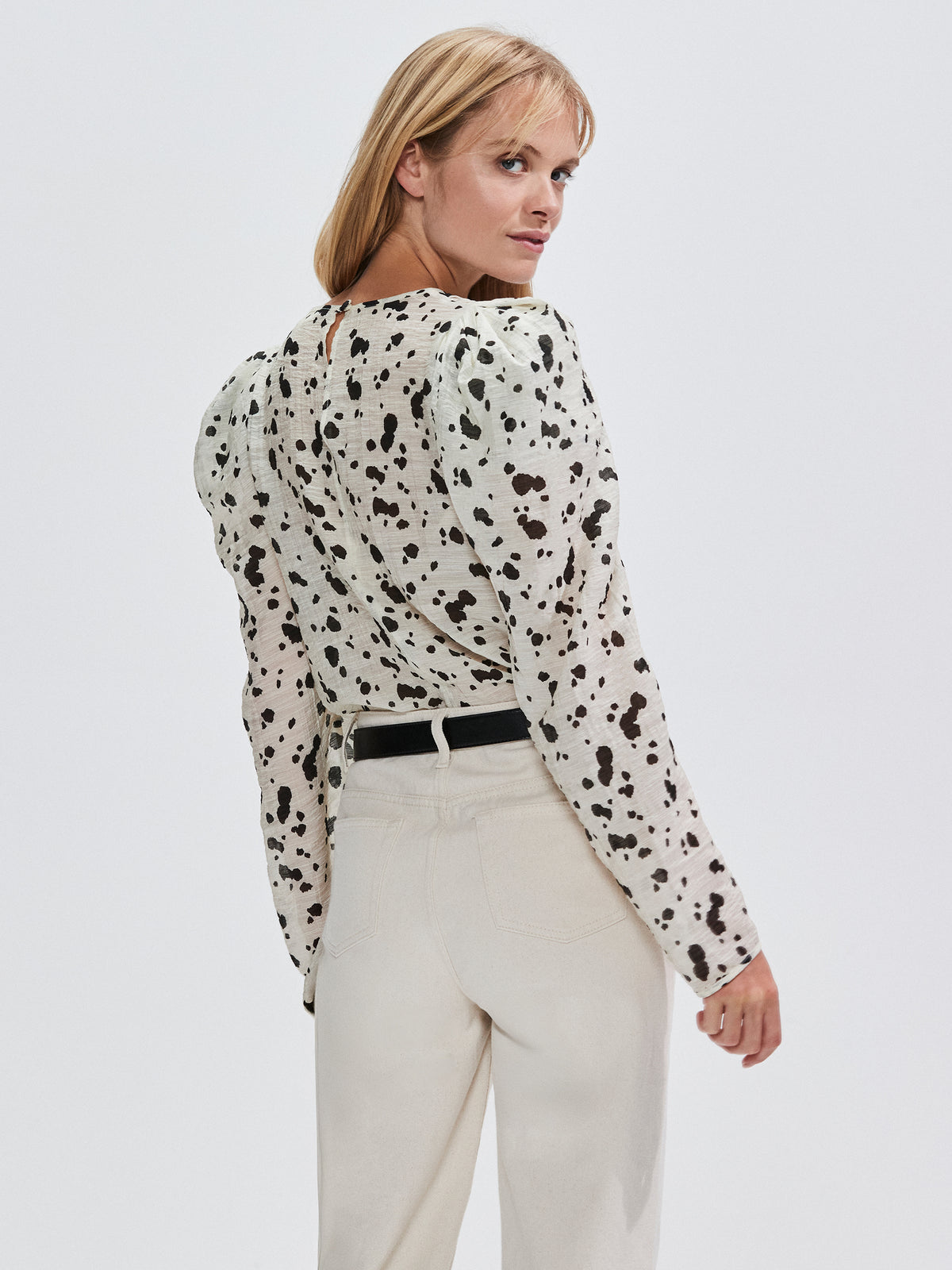 Mono Dalmatian Print Puff Sleeve Blouse