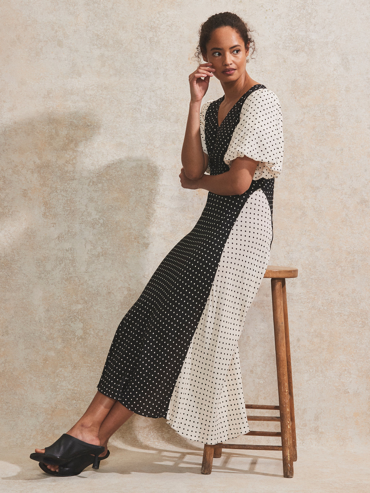 Petite Mono Contrast Polka-Dot Midi Dress