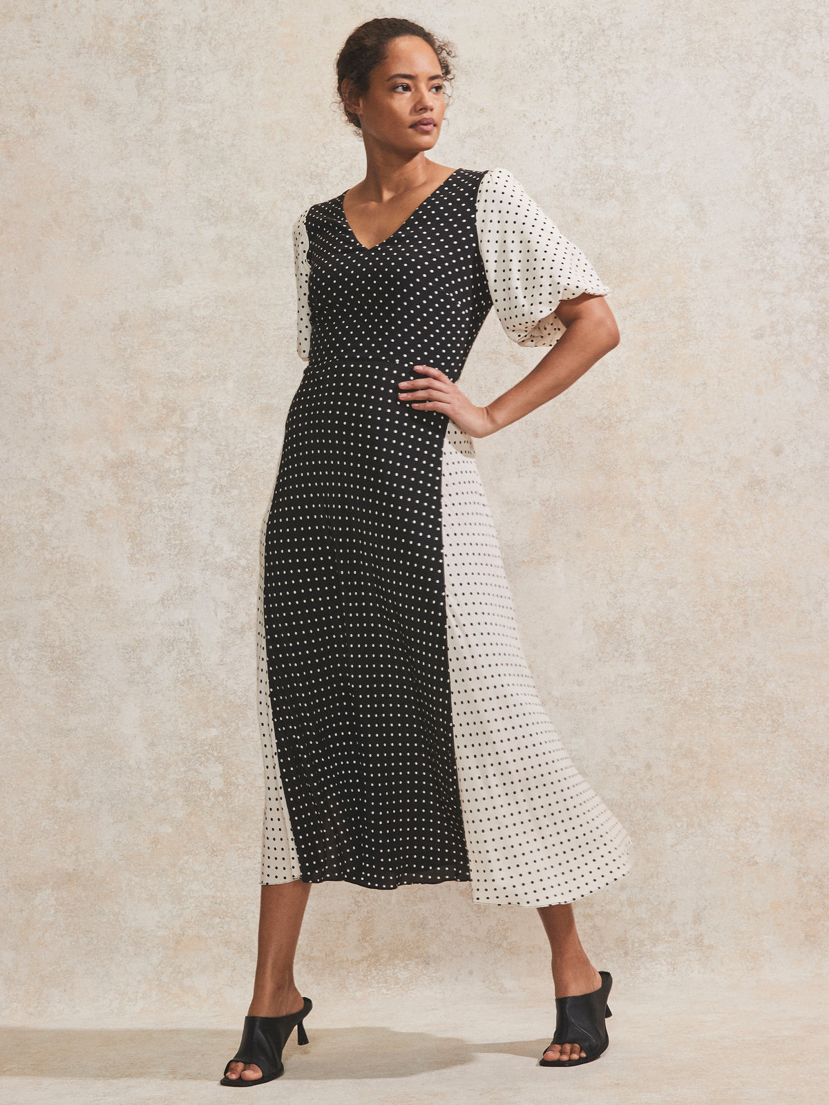 Petite Mono Contrast Polka-Dot Midi Dress