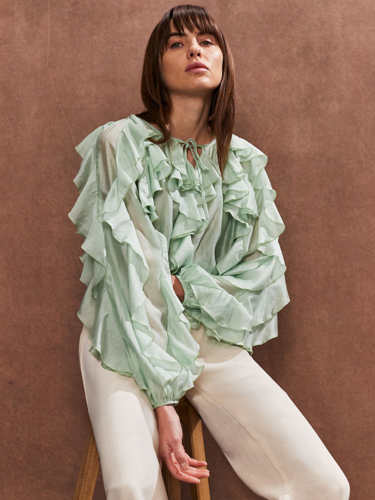 Green Ruffle-Detail Boho Blouse