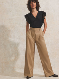 Beige High-Waist Turn-Up Cotton Trousers