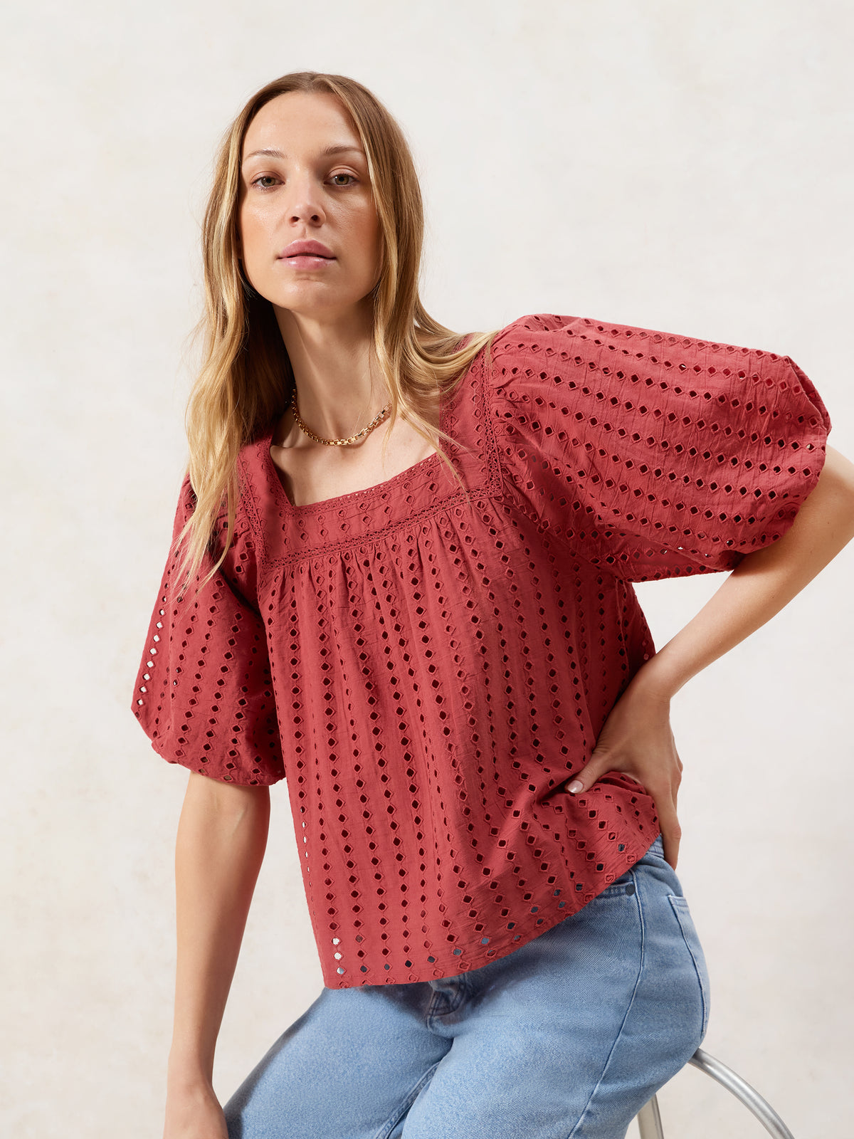 Rust Broderie Anglaise Cotton Smock Top