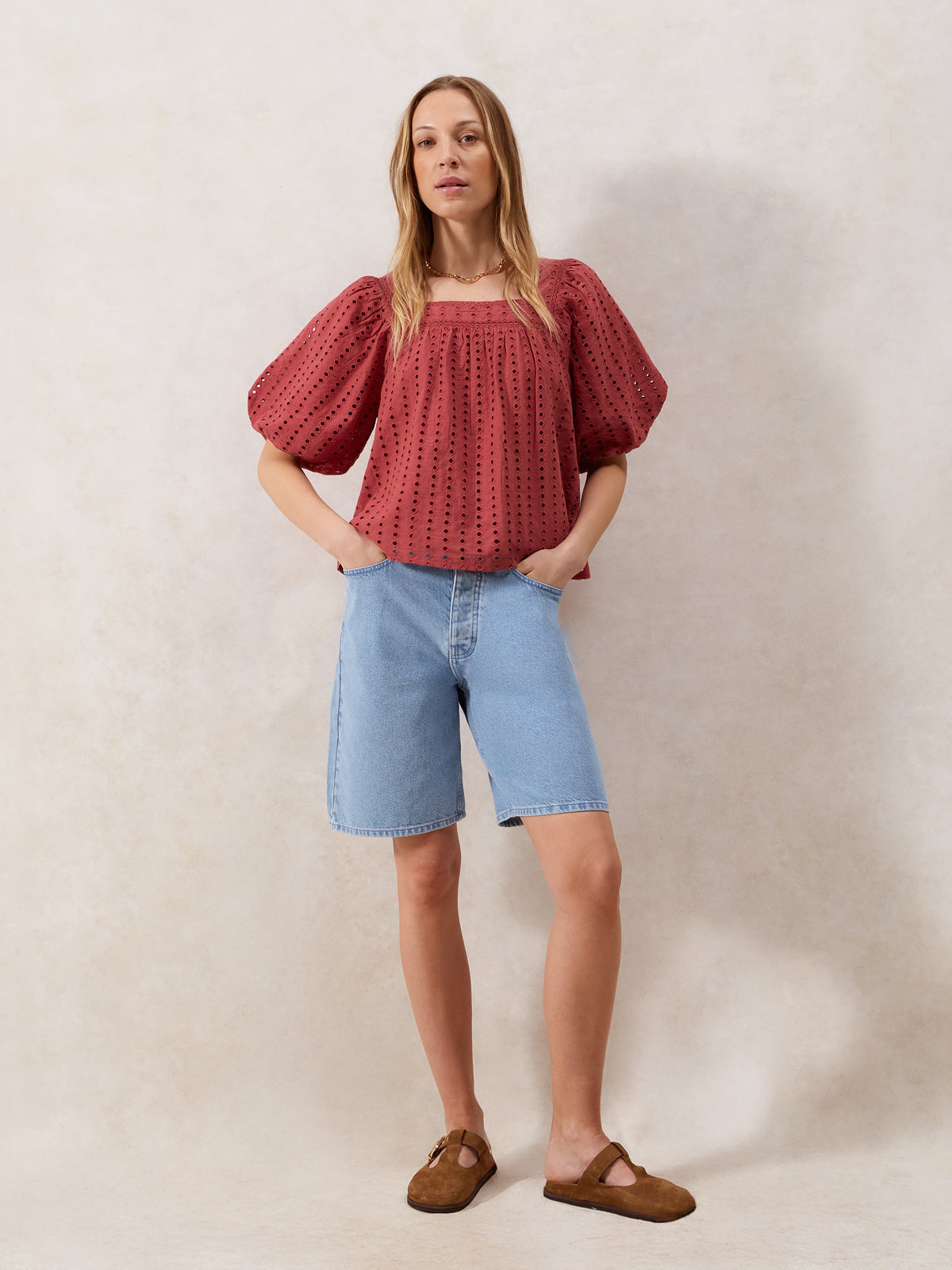 Rust Broderie Anglaise Cotton Smock Top