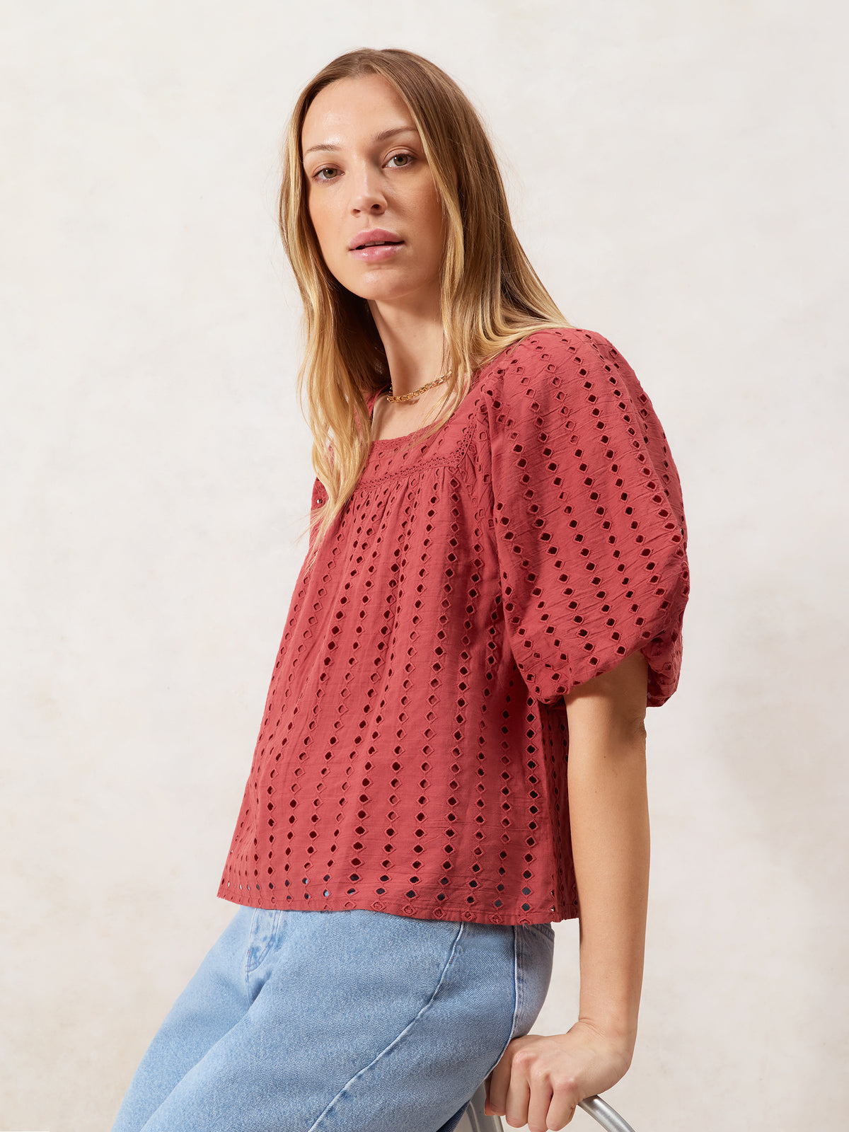Rust Broderie Anglaise Cotton Smock Top
