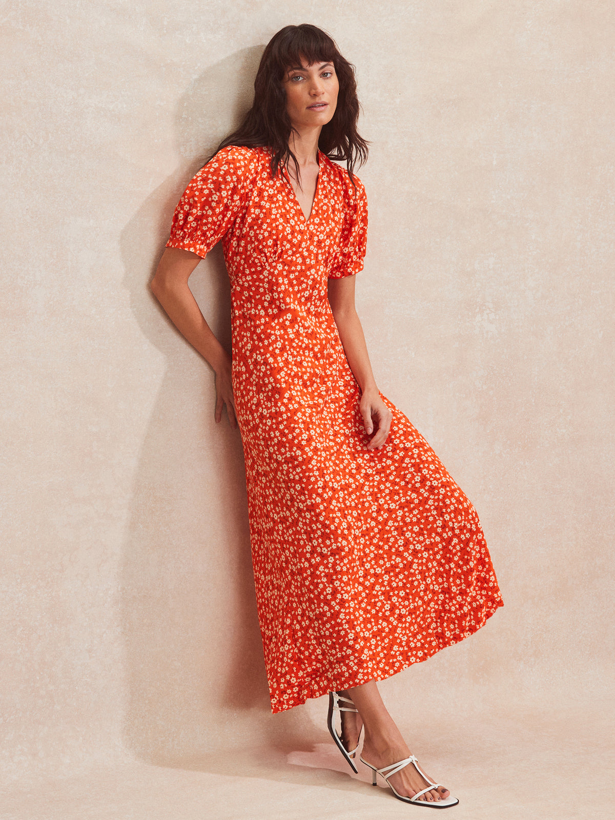 Red Ditsy-Print V-Neck Midi Dress