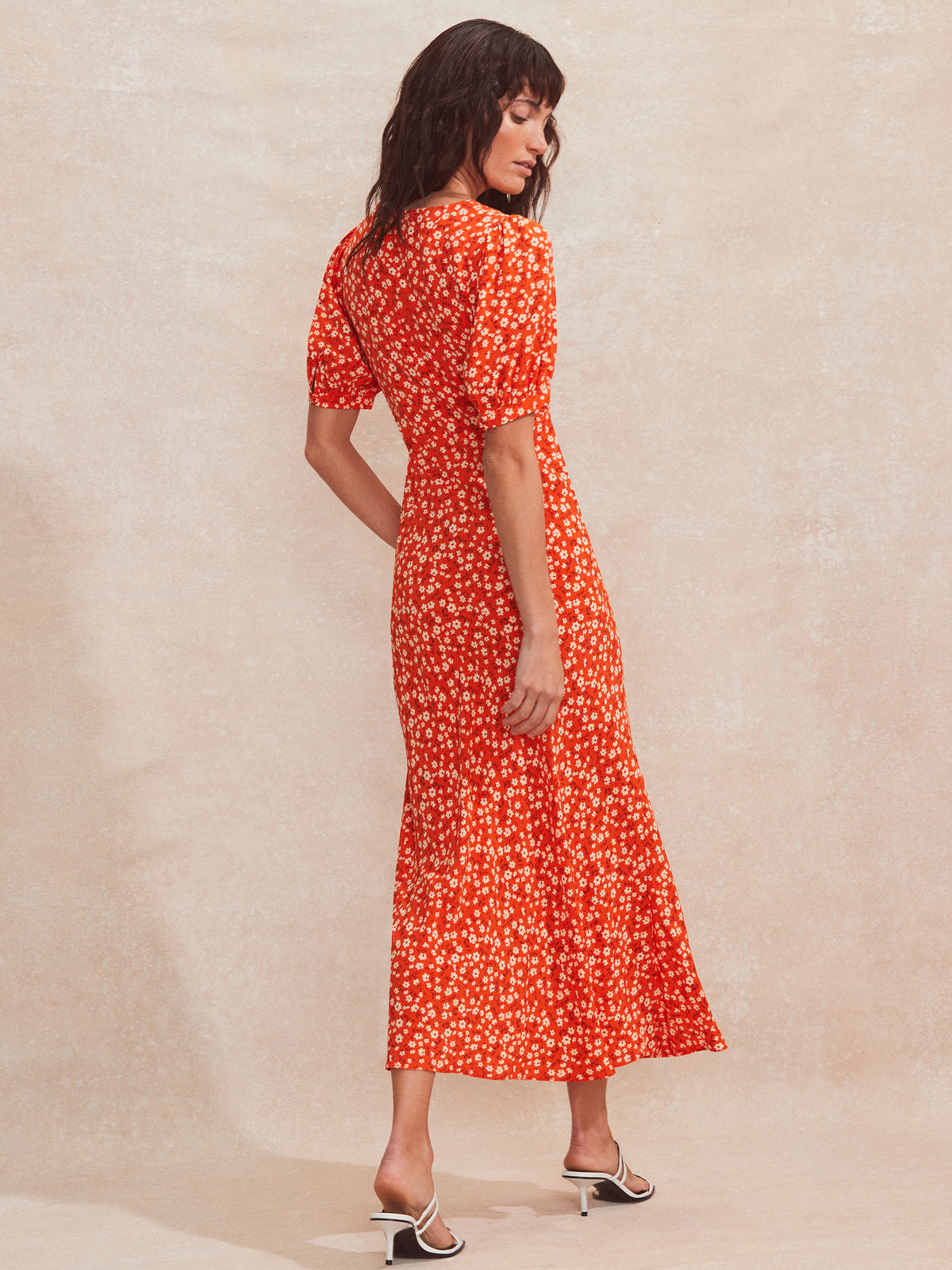 Red Ditsy-Print V-Neck Midi Dress