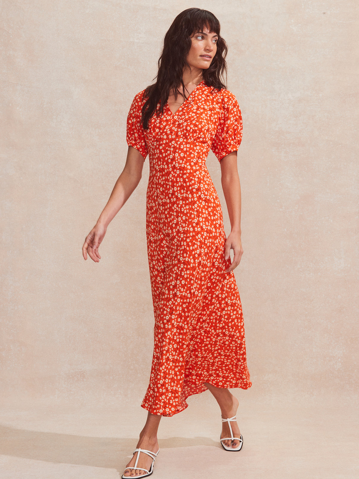 Petite Red Ditsy-Print V-Neck Midi Dress