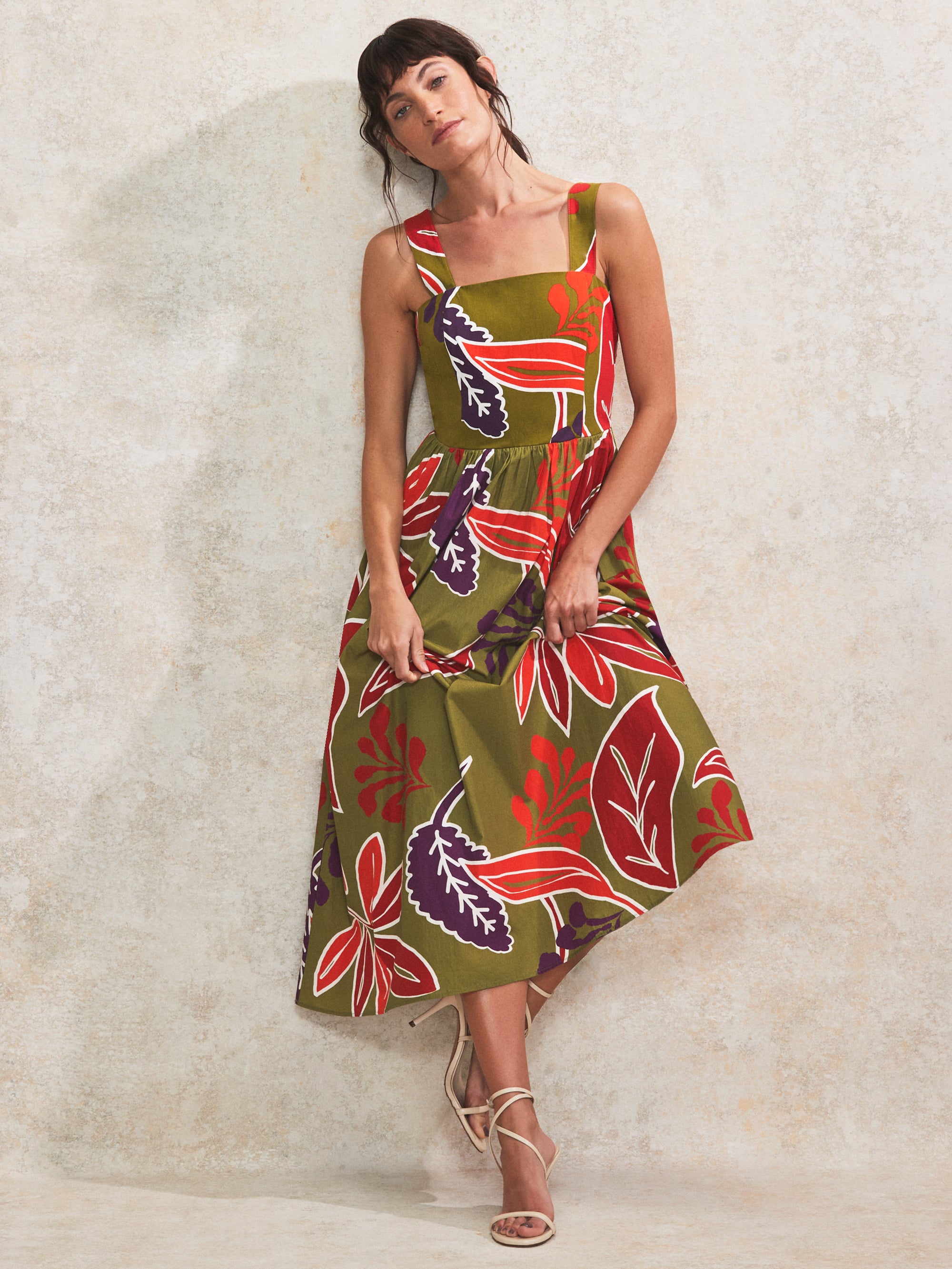 ワンピース 6(ROKU)LEAF PRINT DRESS Olive Leaf-Print Cotton Dress – Ro&Zo
