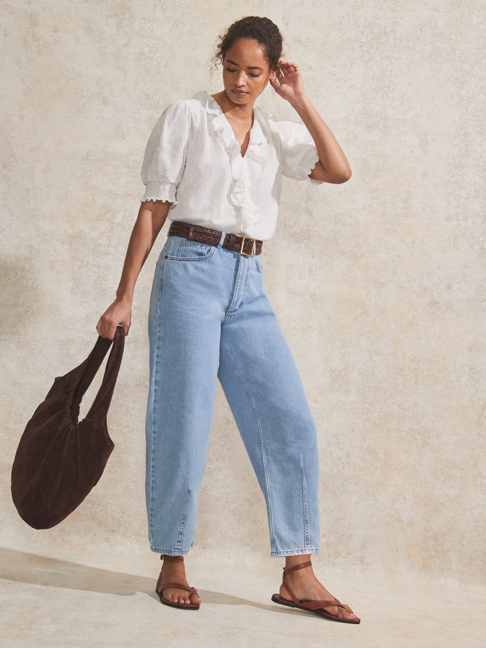 Ivory Dobby Ruffle-Front Blouse | Ro&Zo