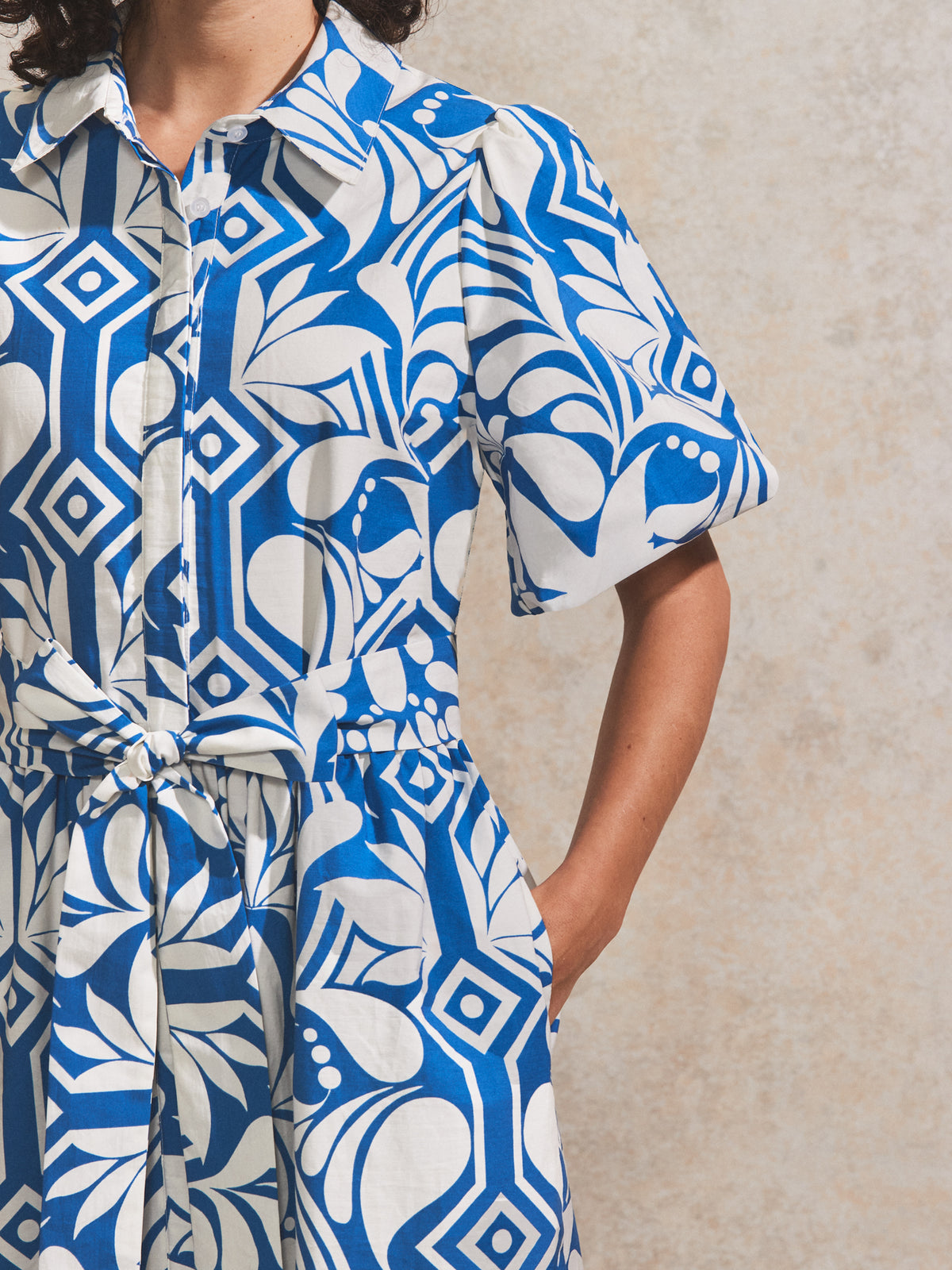 Blue Tile Printed Cotton Shirt Dress