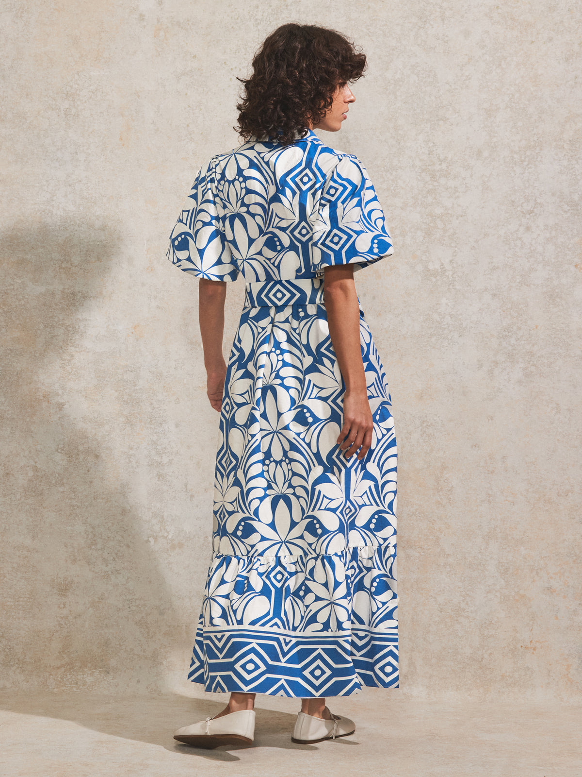 Blue Tile Printed Cotton Shirt Dress