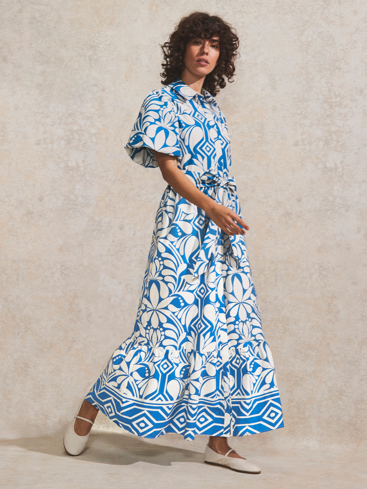 Petite Blue Tile Printed Cotton Shirt Dress