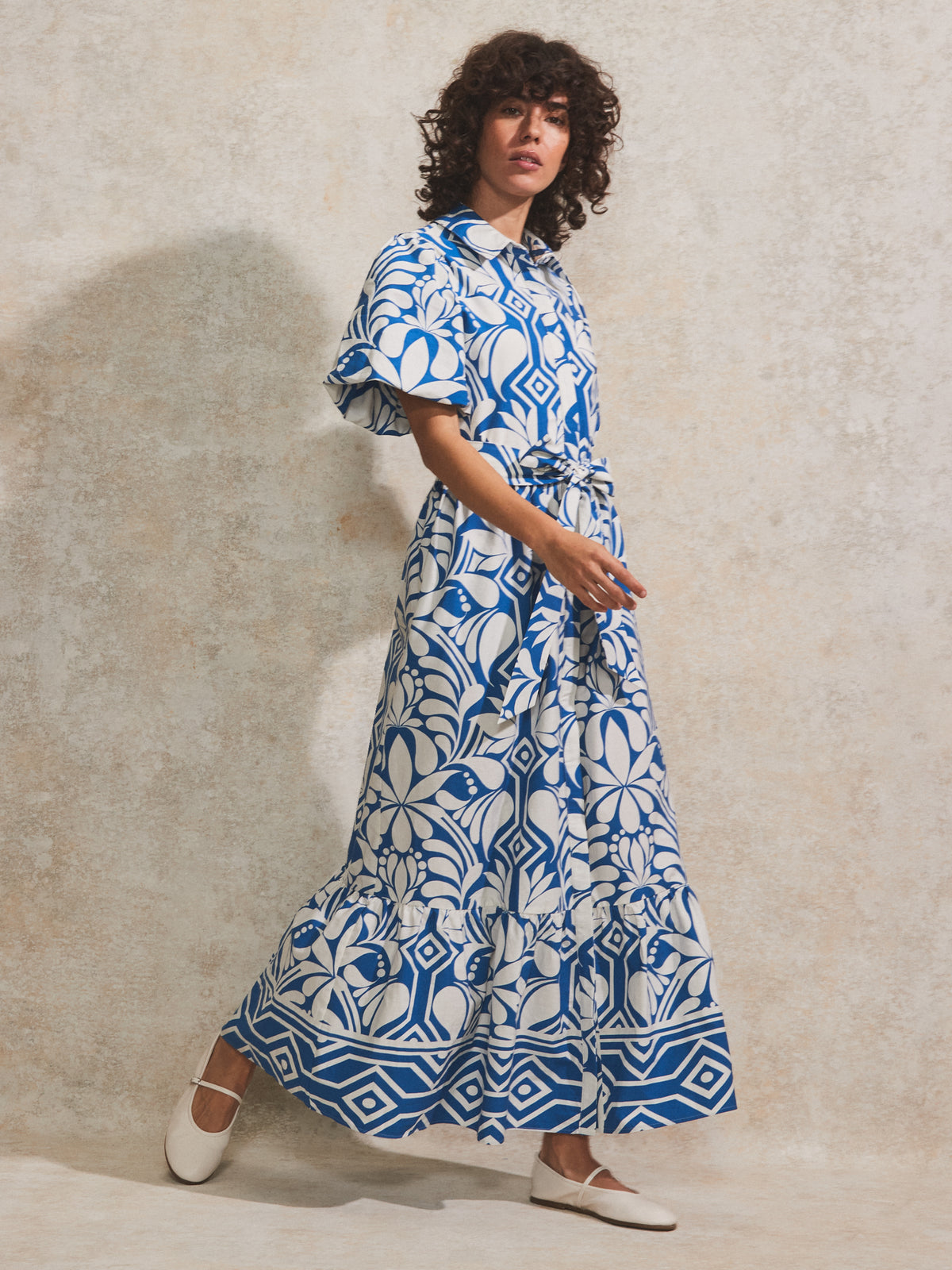 Blue Tile Printed Cotton Shirt Dress