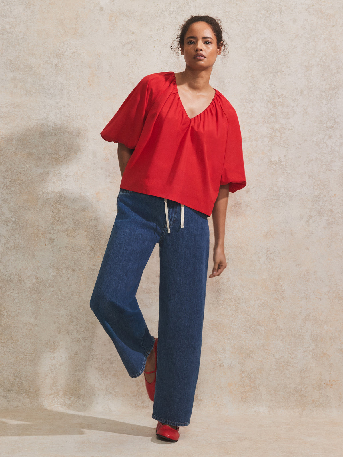 Red Gathered-Sleeve V-Neck Top