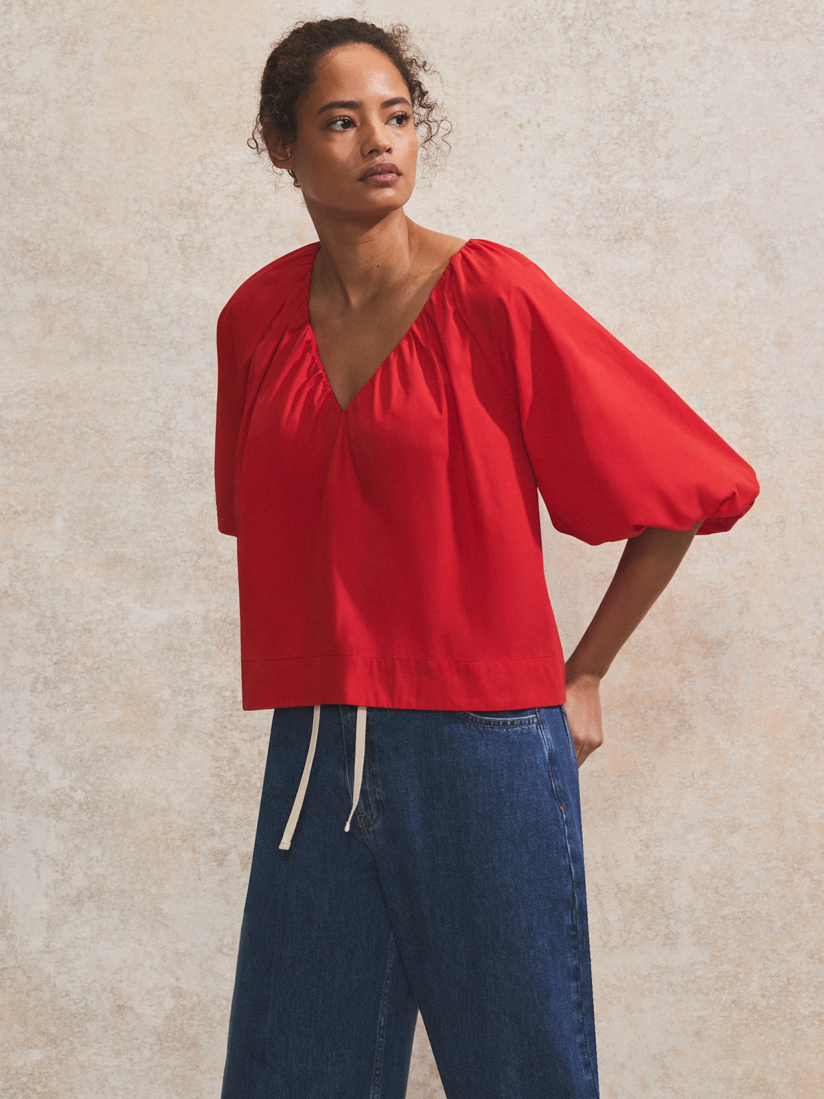 Red Gathered-Sleeve V-Neck Top