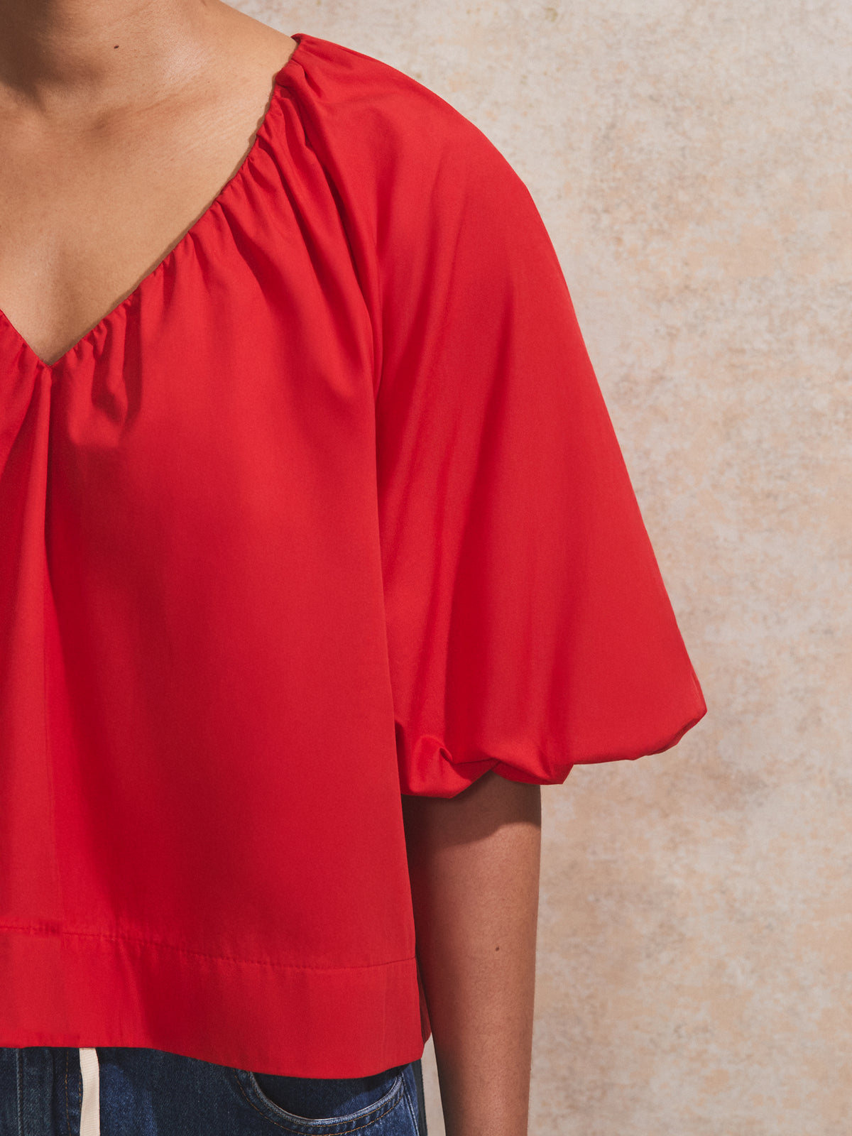 Red Gathered-Sleeve V-Neck Top