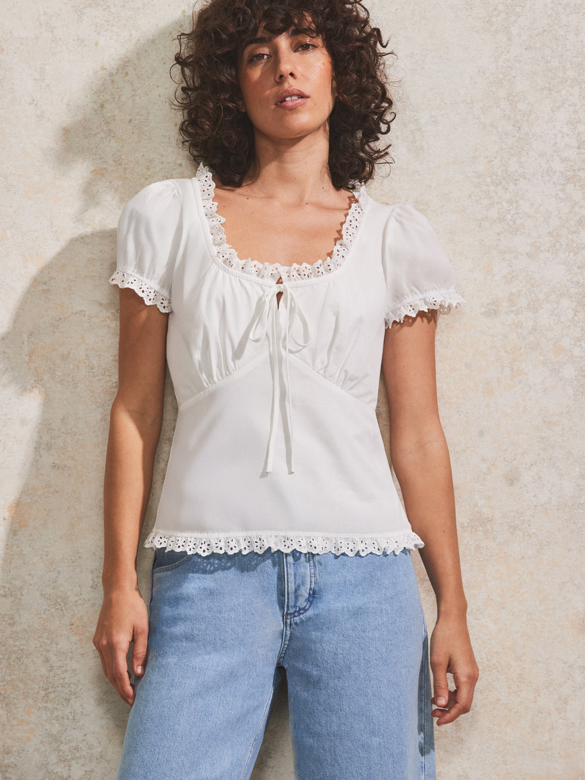 White Lace-Trim Puff-Sleeve Blouse