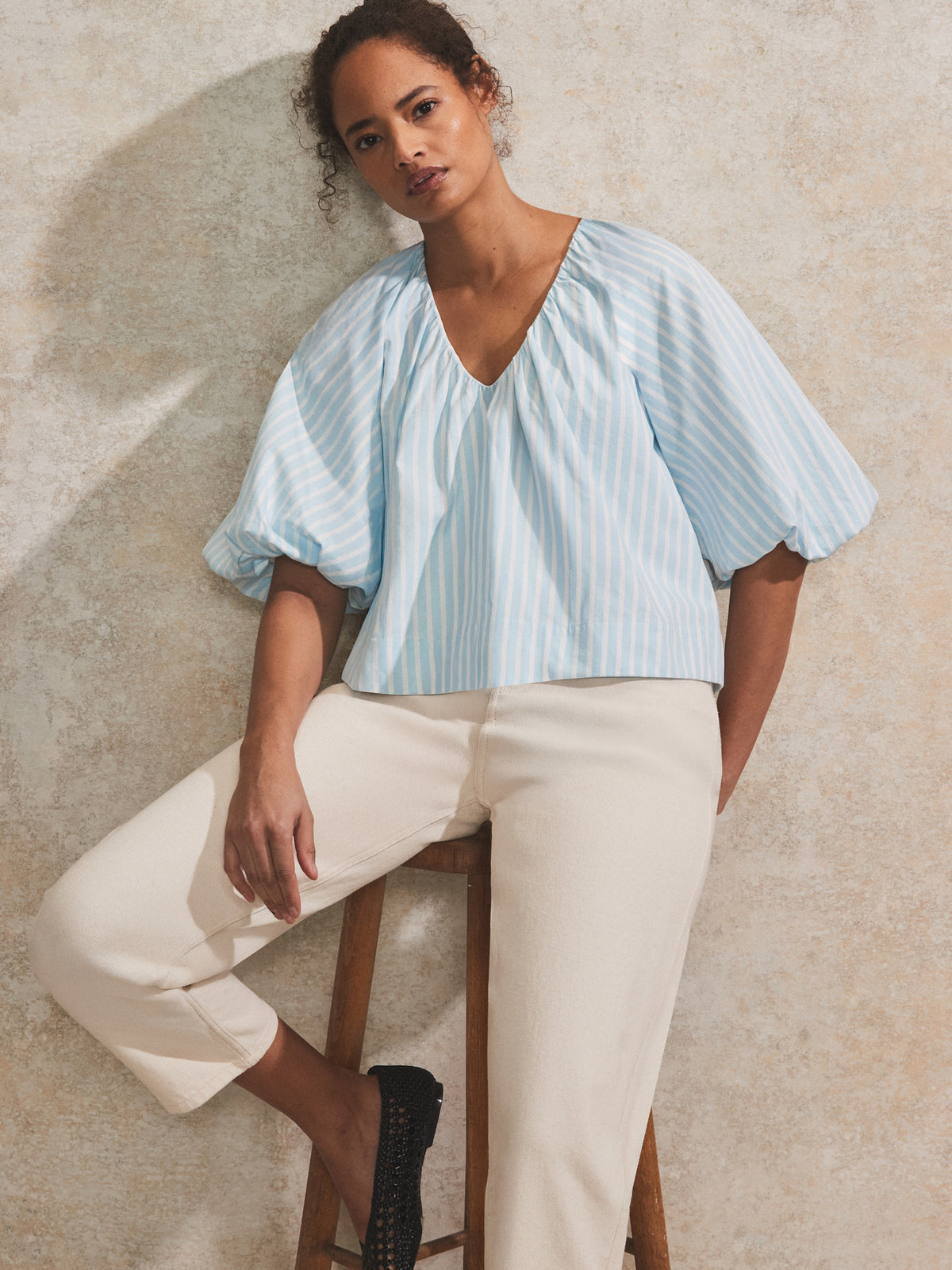 Blue Striped Gathered-Sleeve V-Neck Top