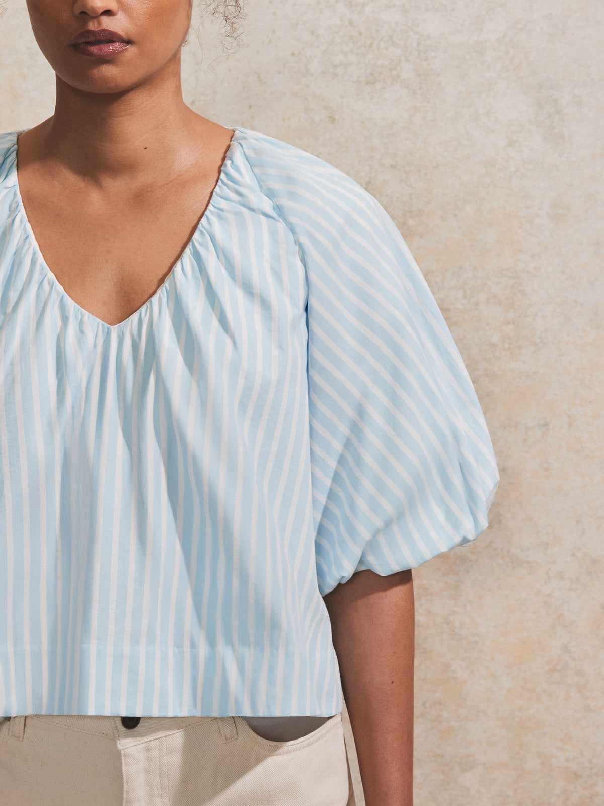 Blue Striped Gathered-Sleeve V-Neck Top