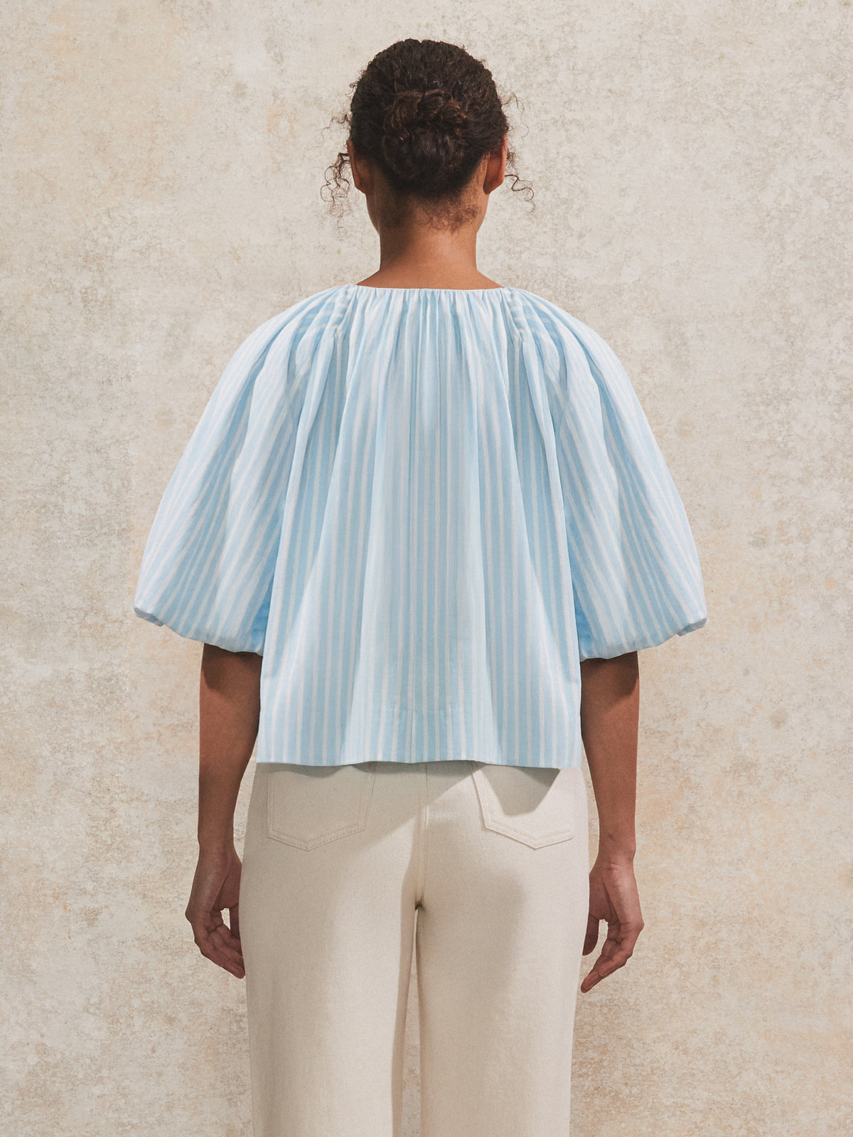 Blue Striped Gathered-Sleeve V-Neck Top