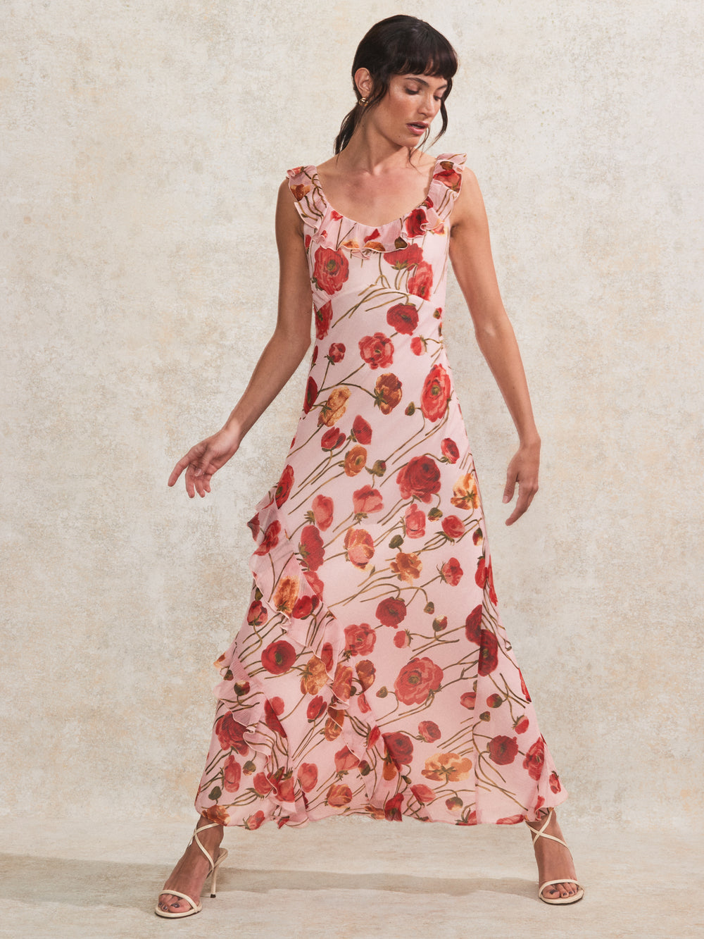 Pink Print Ruffle Trim Robe Rosie Pink Poppy-Print Ruffle-Detail Dress – Ro&Zo