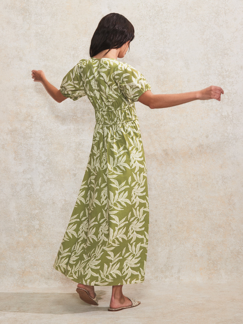 Green Leaf-Print Tie-Detail Cotton Dress Ro&Zo Green Leaf-Print Tie-Detail Cotton Dress Ro&Zo