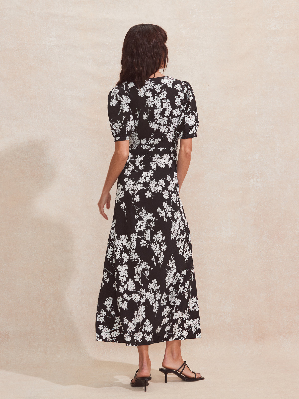 Petite Black And White Ditsy-Print V-Neck Midi Dress