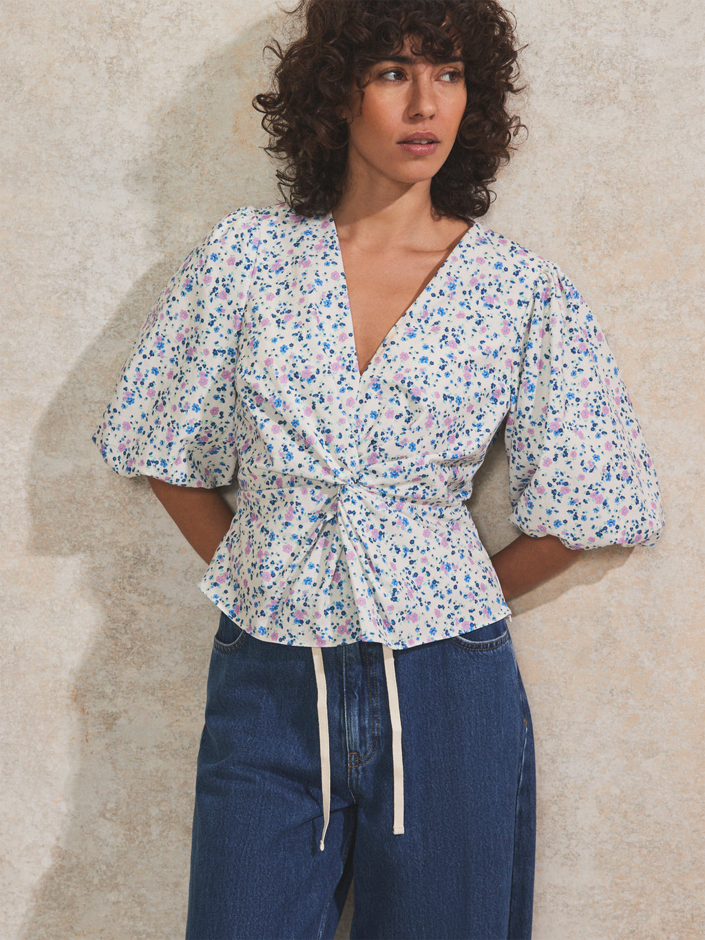 Ditsy Print Twist Front Blouse