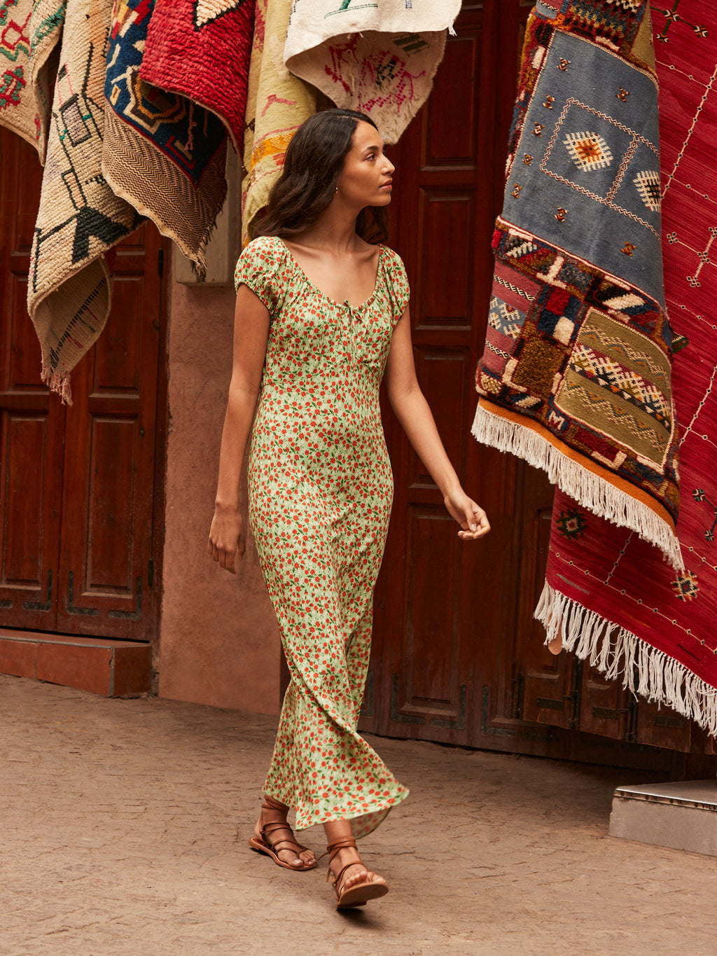 Floral Print Gathered Neck Midi Dress