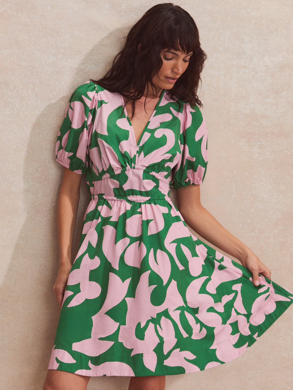 Pink and Green Abstract-Print Puff-Sleeve Mini Dress Ro&Zo Pink and Green Abstract-Print Puff-Sleeve Mini Dress Ro&Zo