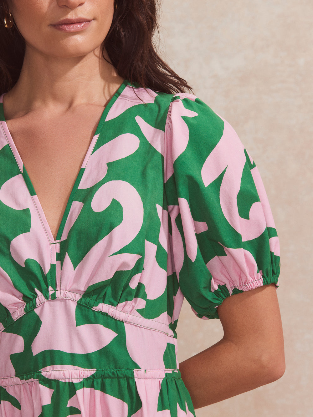 Pink and Green Abstract-Print Puff-Sleeve Mini Dress Ro&Zo Pink and Green Abstract-Print Puff-Sleeve Mini Dress Ro&Zo