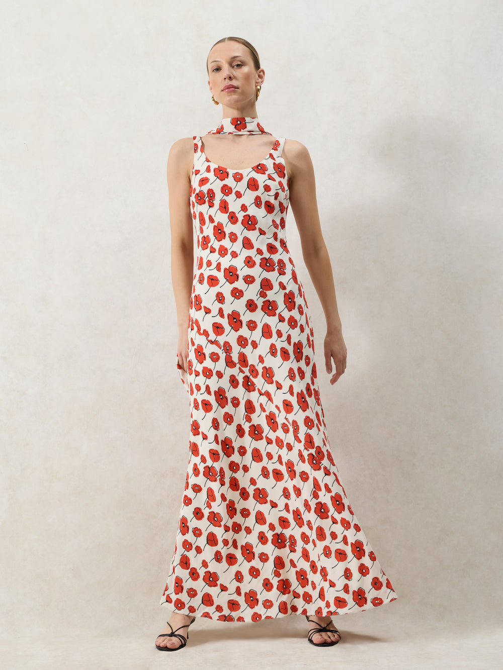 Ella Red Poppy-Print Scarf Detail Maxi Dress Ro&Zo Ella Red Poppy-Print Scarf Detail Maxi Dress Ro&Zo