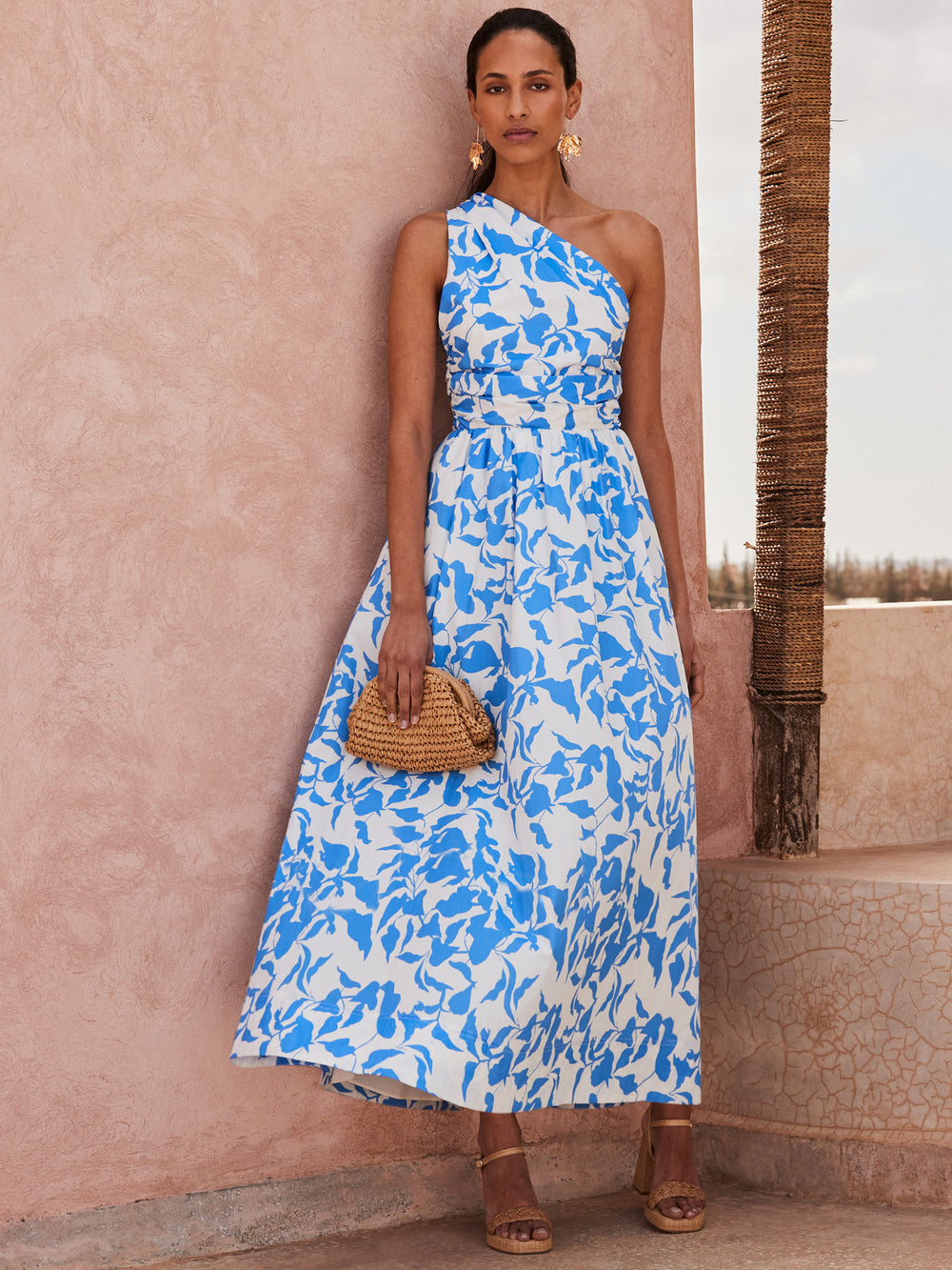 Aubrey Blue Leaf-Print One-Shoulder Dress Ro&Zo Aubrey Blue Leaf-Print One-Shoulder Dress Ro&Zo