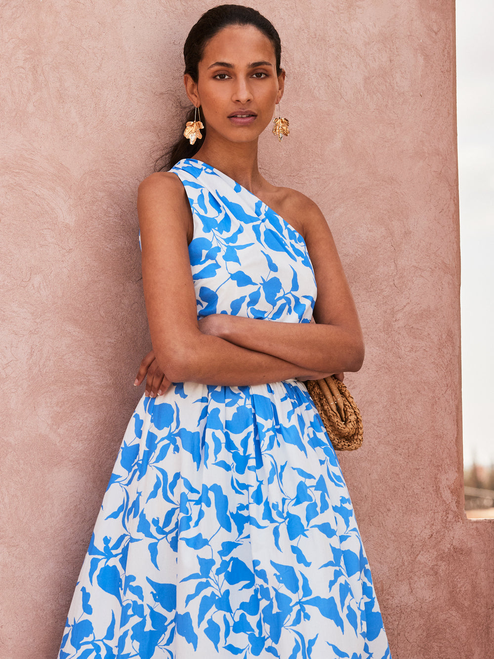 Aubrey Blue Leaf-Print One-Shoulder Dress Ro&Zo Aubrey Blue Leaf-Print One-Shoulder Dress Ro&Zo