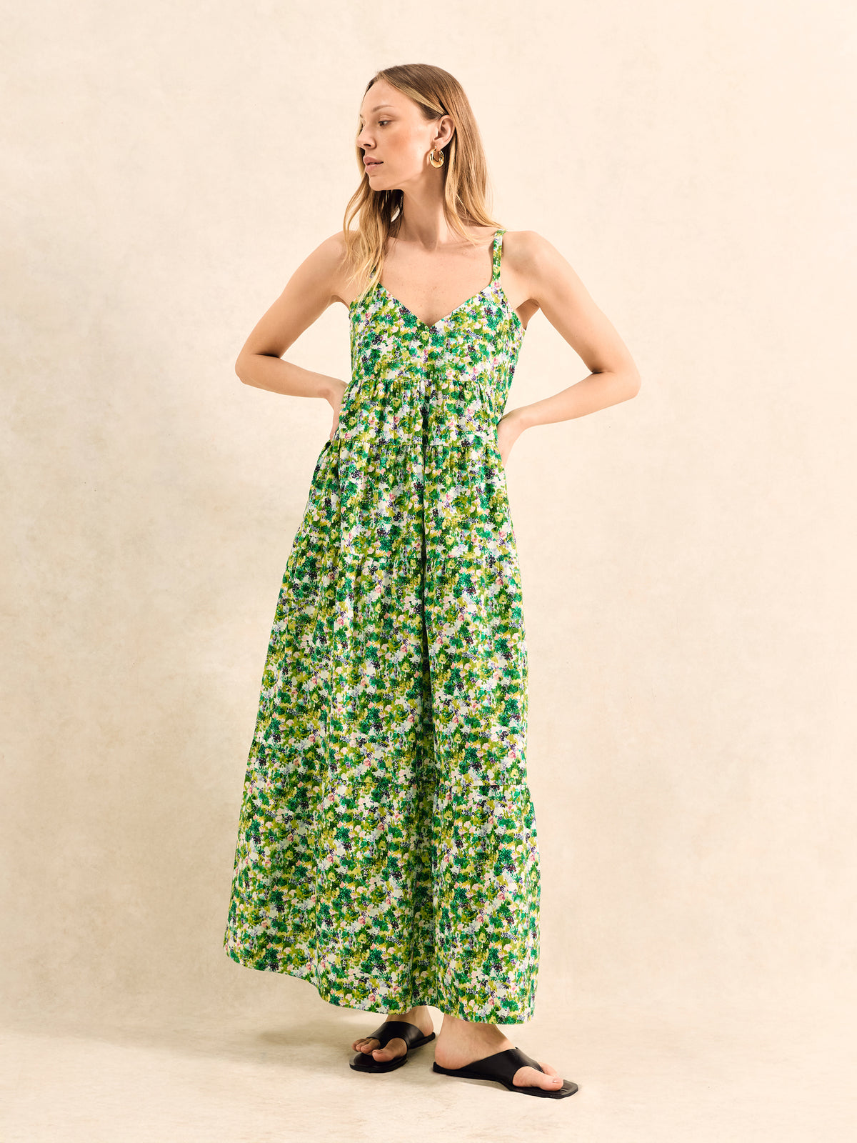 Green Ditsy Cotton Tiered Dress