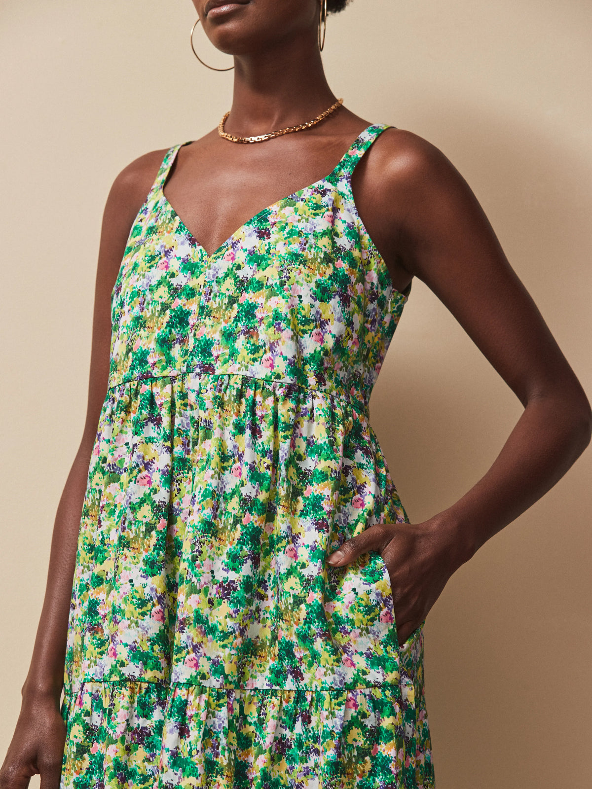 Green Ditsy Cotton Tiered Dress