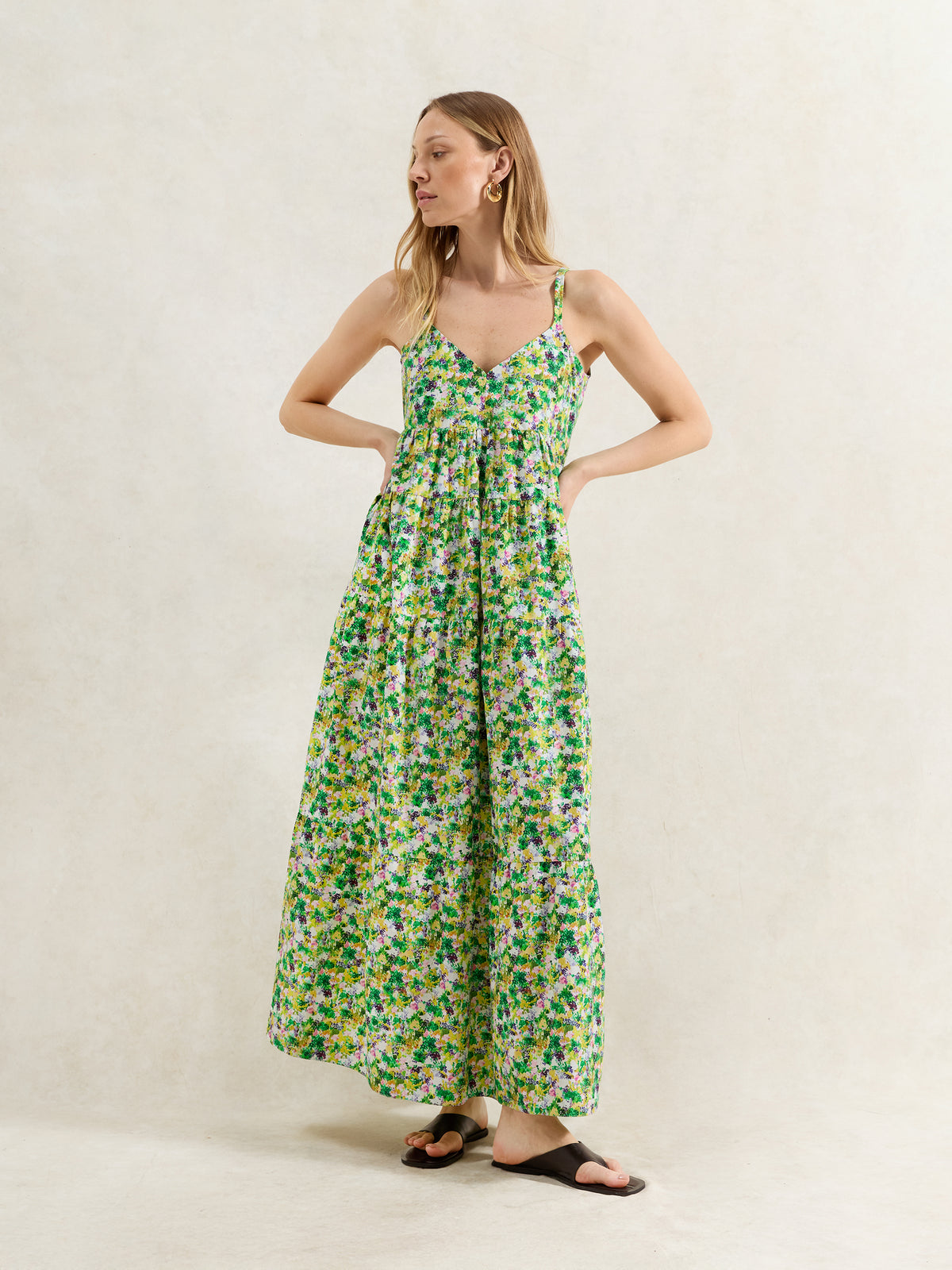 Green Ditsy Cotton Tiered Dress