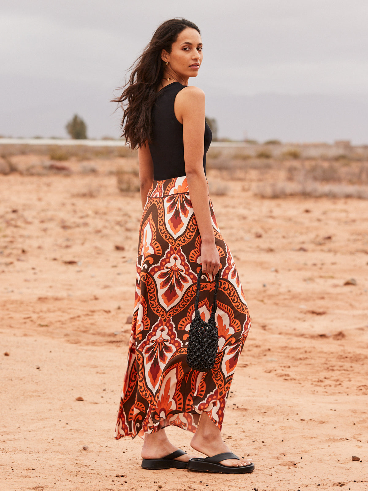 Petite Brown Tile-Print Maxi Skirt