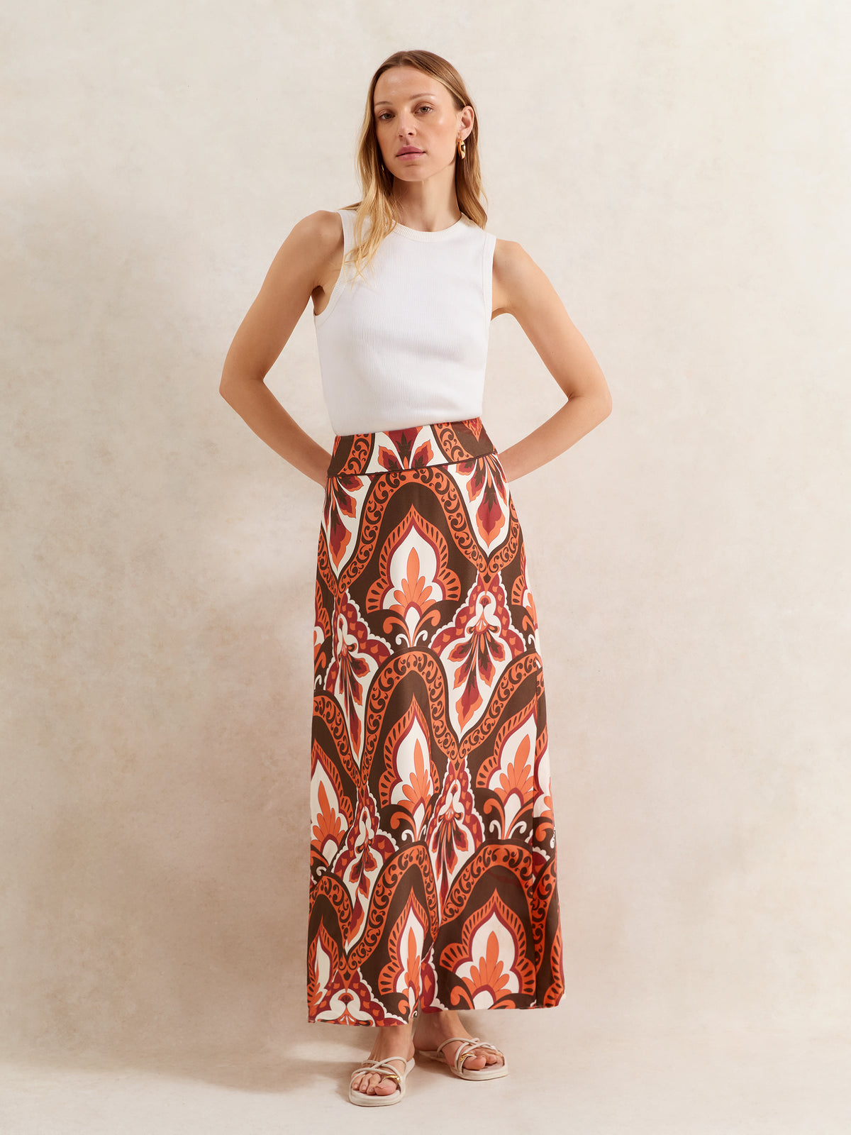 Petite Brown Tile-Print Maxi Skirt