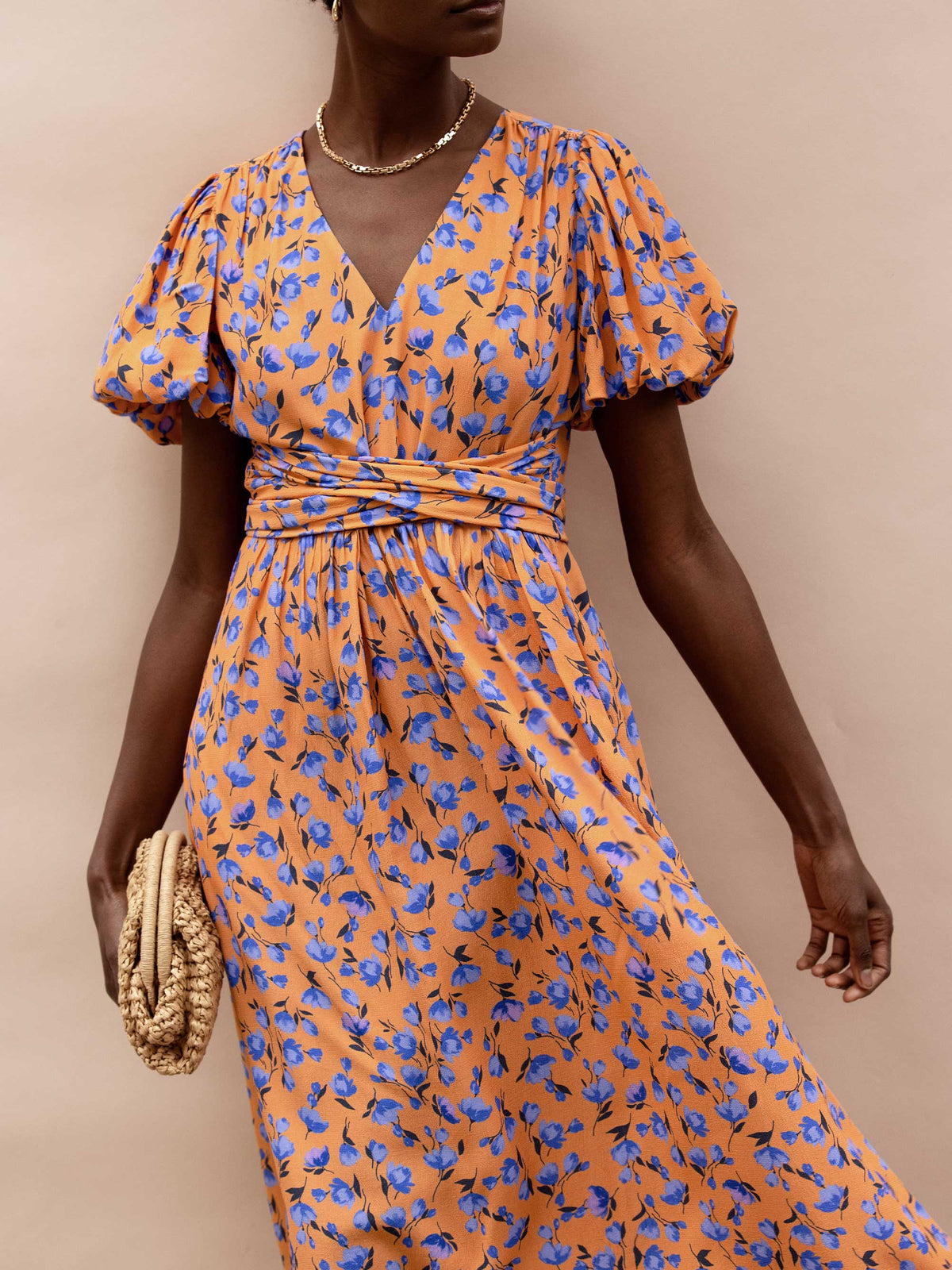 Orange And Blue Floral Puff Sleeve Dress